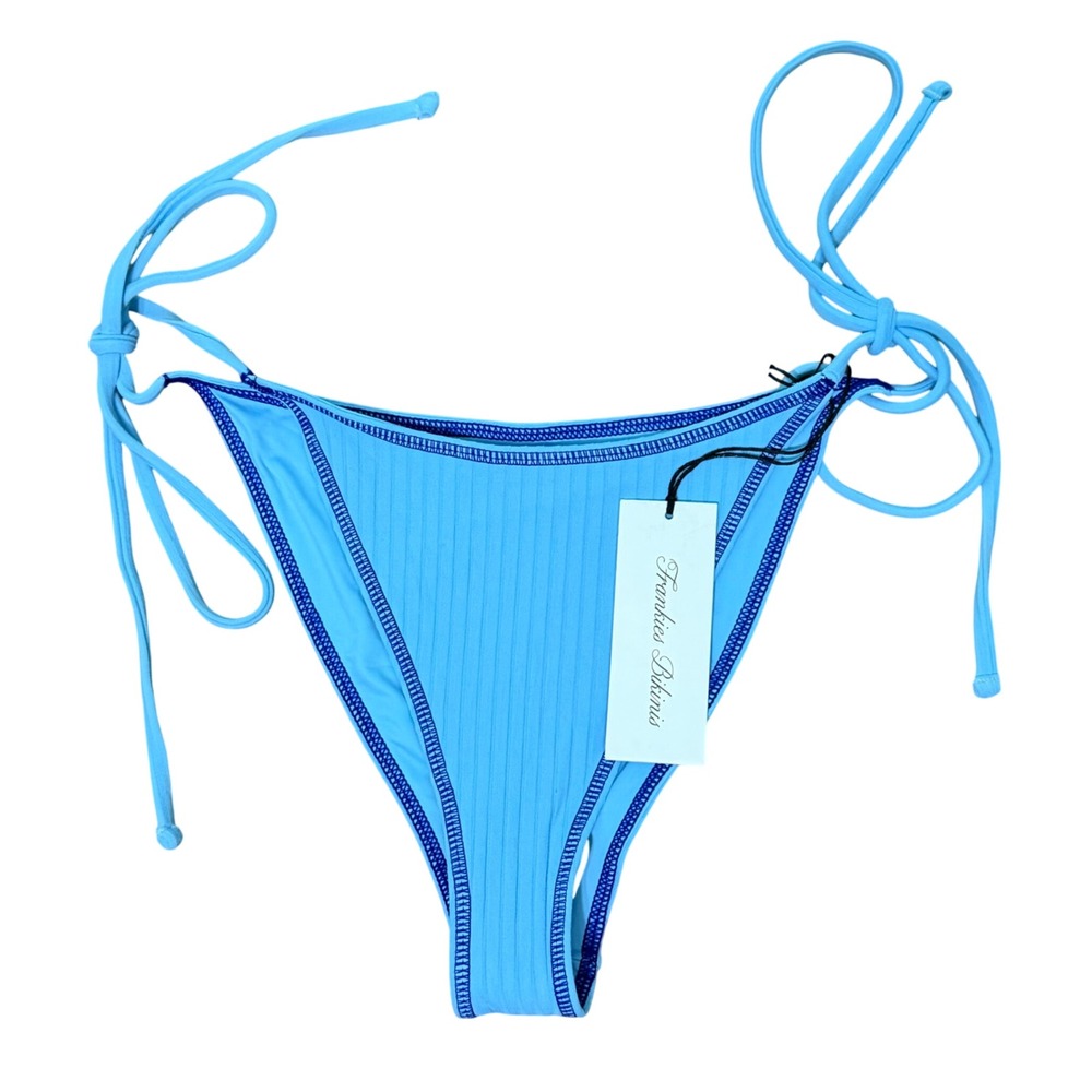 Frankies Bikinis Mackenzie Ribbed Bottom Blue Side Tie High Leg Swim Large‎ NEW